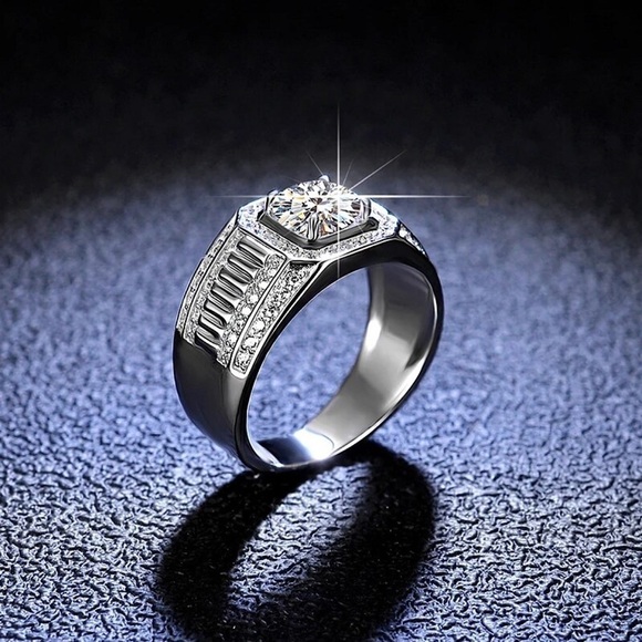 💎243💎 MENS PLATINUM PLATED GENUINE MOISSANITE DIAMOND WEDDING RING - Picture 3 of 13